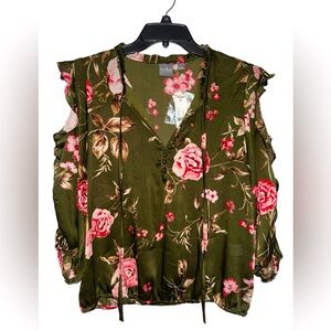 🌸 NWT! NY&Co Olive Floral Cold Shoulder Blouse